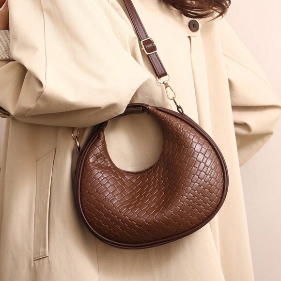 Coffee Brown Vintage Women's Zipper Closure Faux Leather Woven Bag - Picture 5 of 7